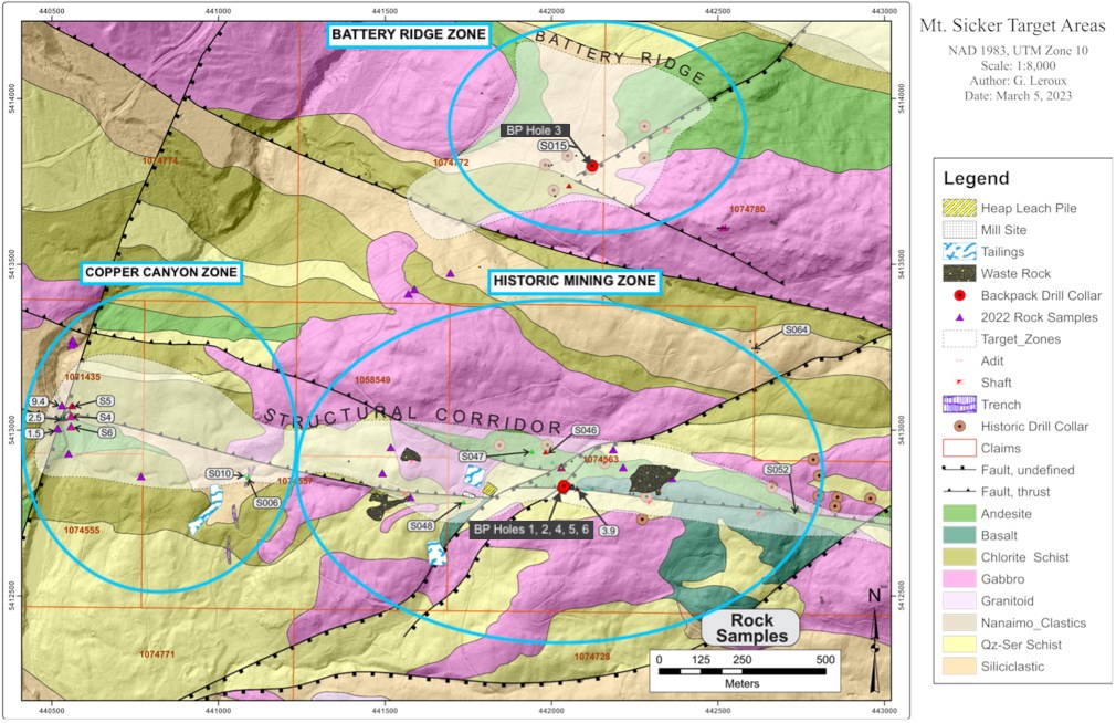 Figure 1. Mt. Sicker target areas, surface samples and backpack drill hole locations