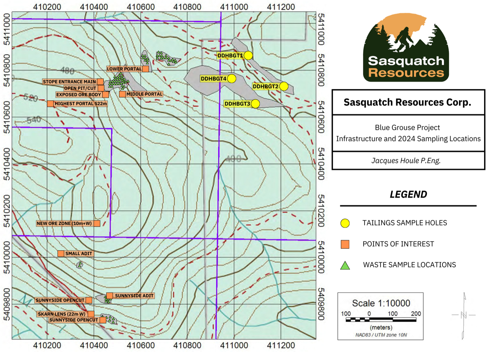Map 1 – Waste, tailings and rough sampling locations at Blue Grouse