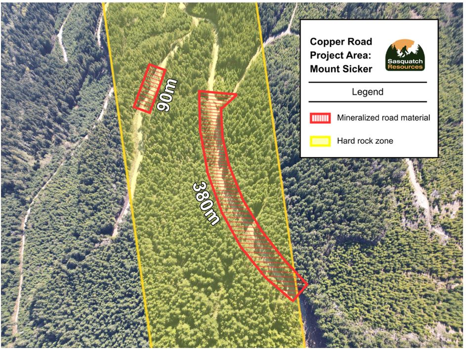 Map 1 – Copper Road area showing mineralized road material and potential hard rock zone.
