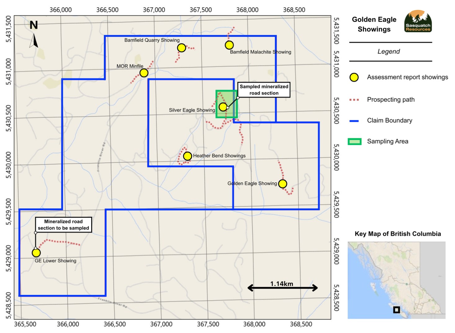 Map 2 – Golden Eagle showings and mineralized logging road sections