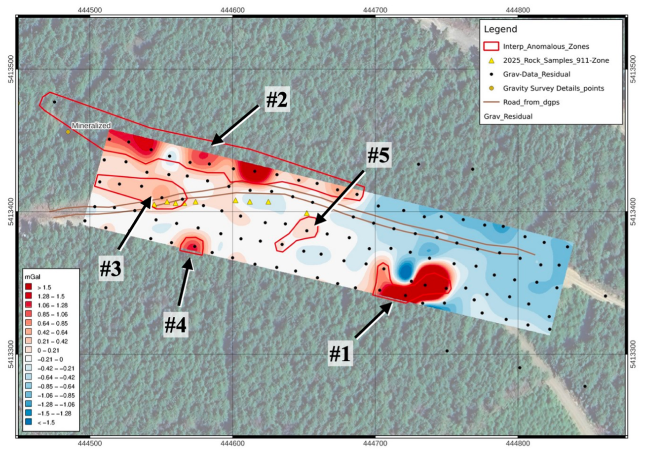 Map 2 – Interpreted Anomalies, Residual Gravity (density = 3260 kg/m3)