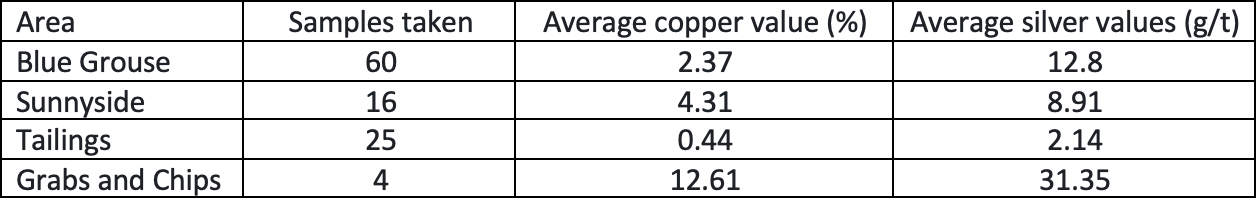 Table 1 – Average grades for copper and silver in each area