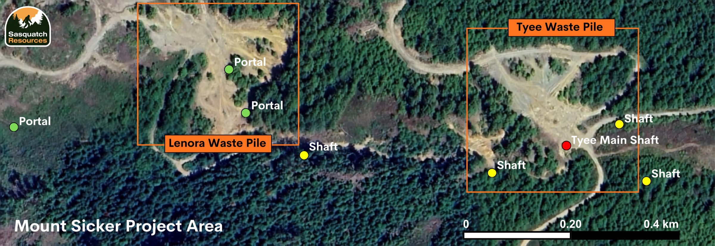 Bird's-eye map of the Mount Sicker property showing the waste piles, portals and shafts